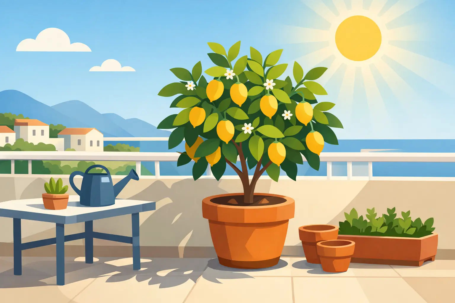 Limone in vaso su balcone pieno sole
