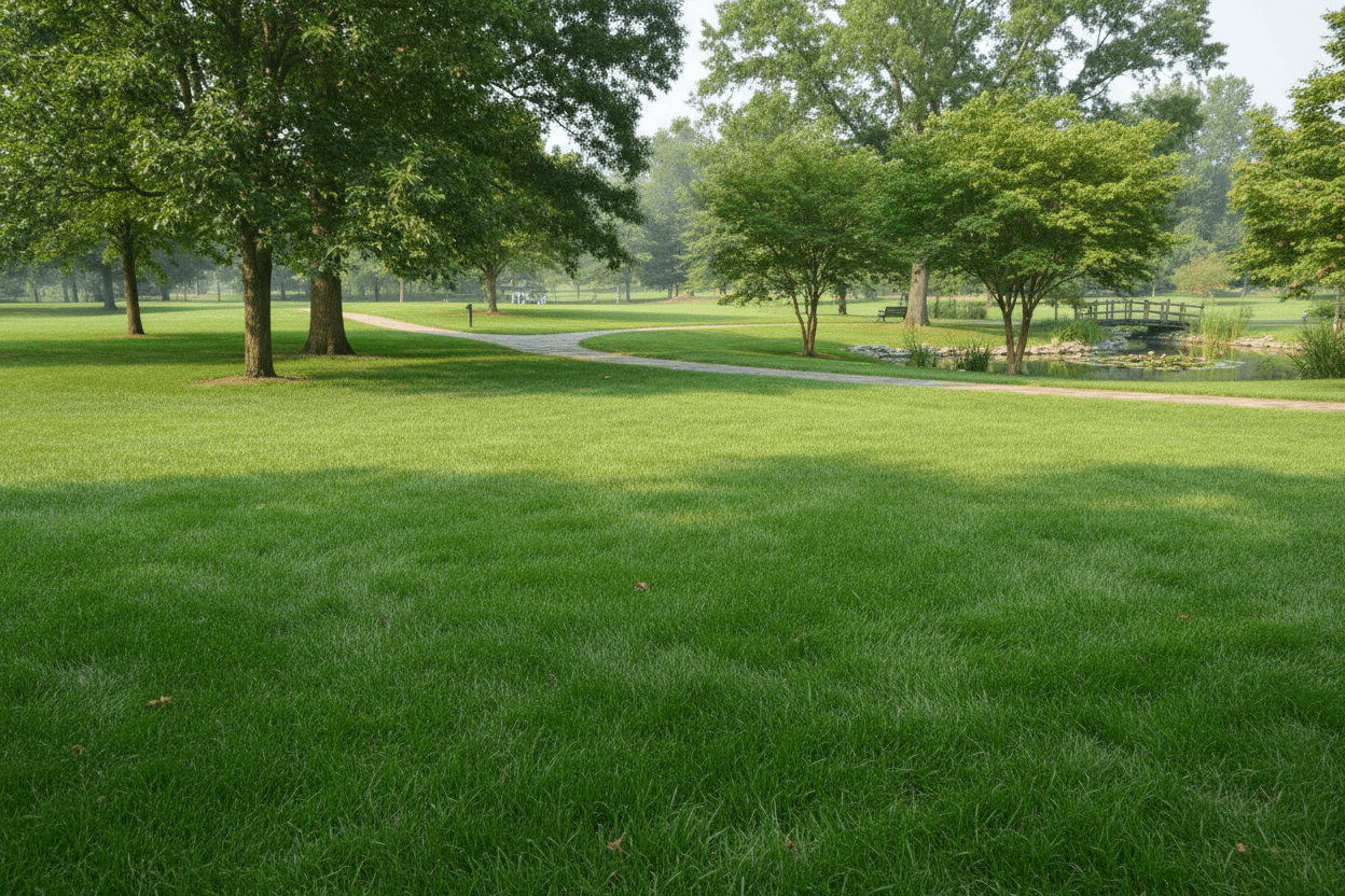 prato di graminacee di zoysia in parco con alberi